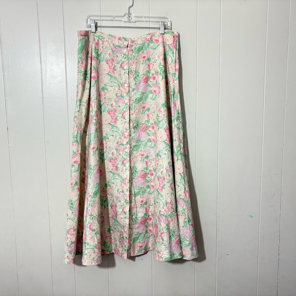 Vintage Lauren Ralph Lauren 100% Linen Pale Floral Midi Skirt Cottagecore Sz 16 - Picture 1 of 5